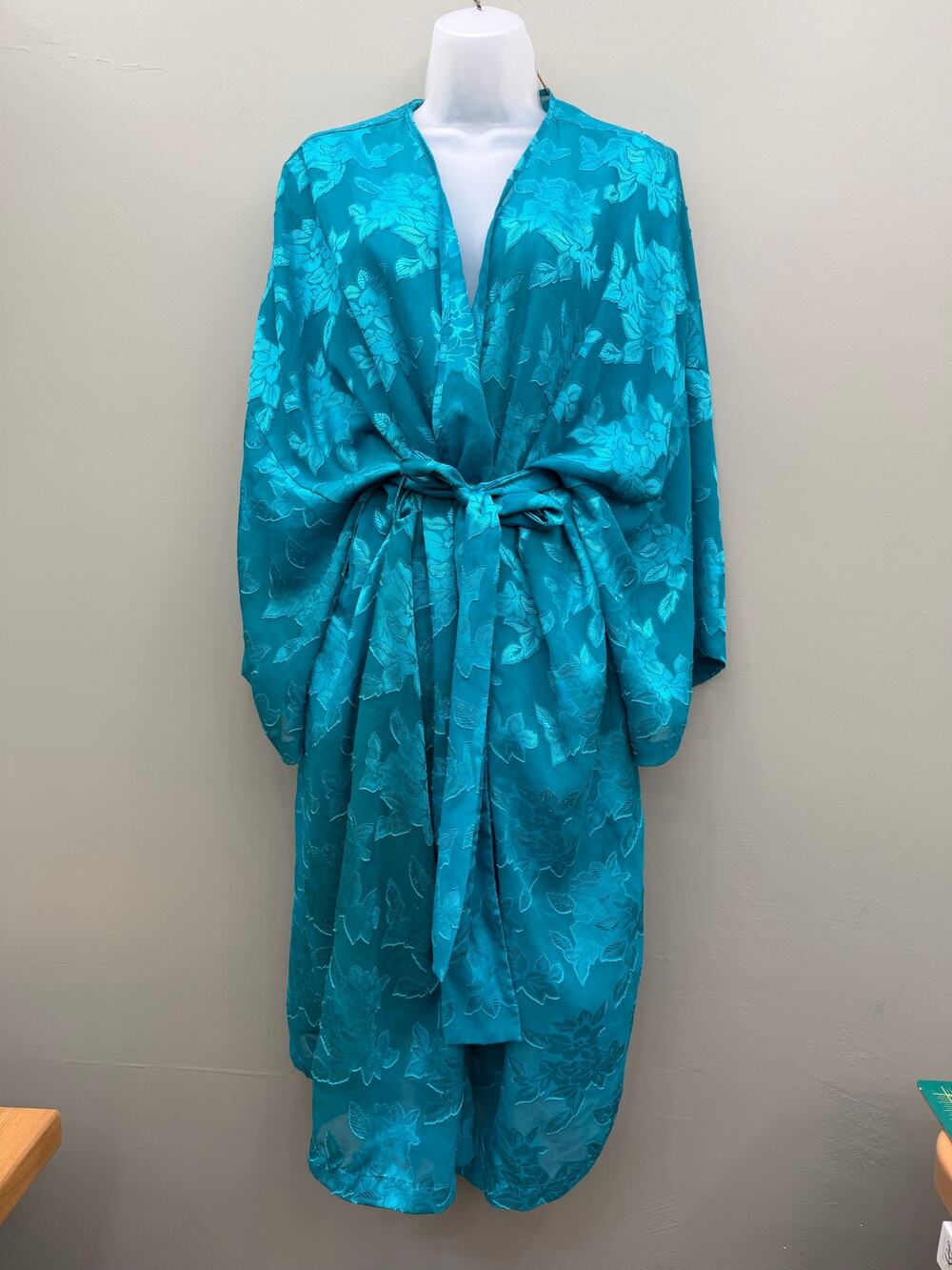 Solange Teal Floral Burnout Kimono Robe Sheer Belted 90s Glam Made USA